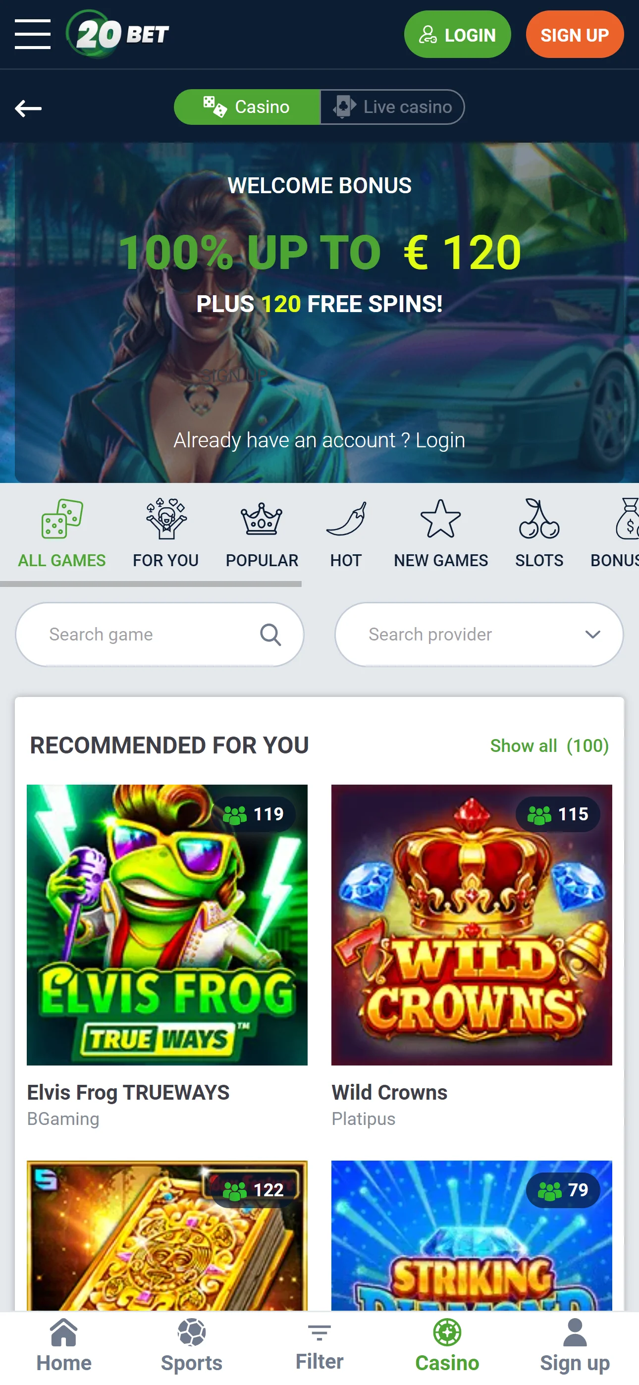 20Bet Casino — mobiel